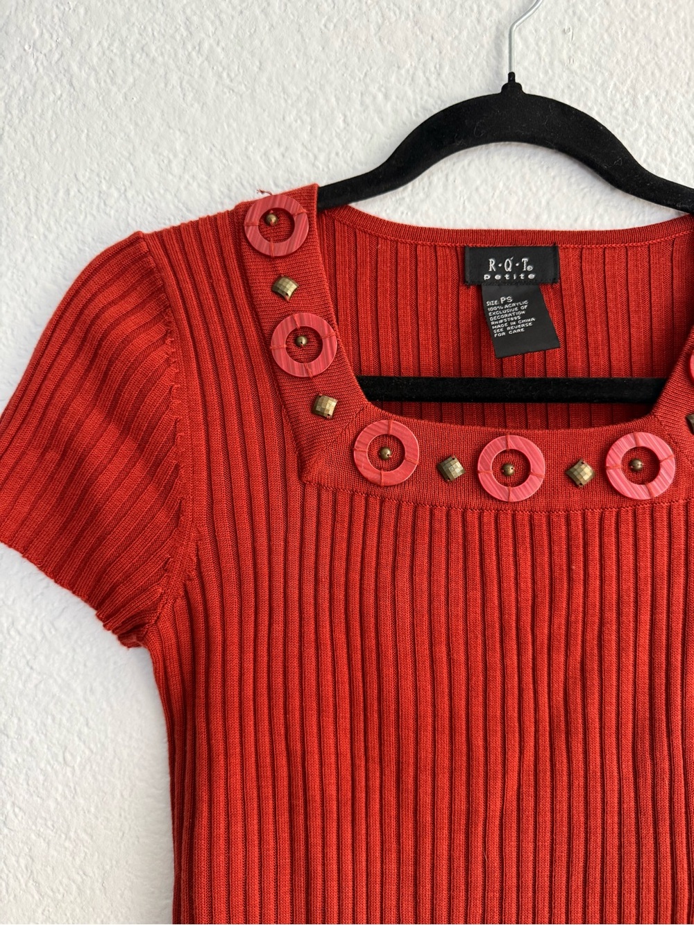 Vintage RQT Petite Y2K Ribbed Embellished Knit Top Small - Picture 2 of 3